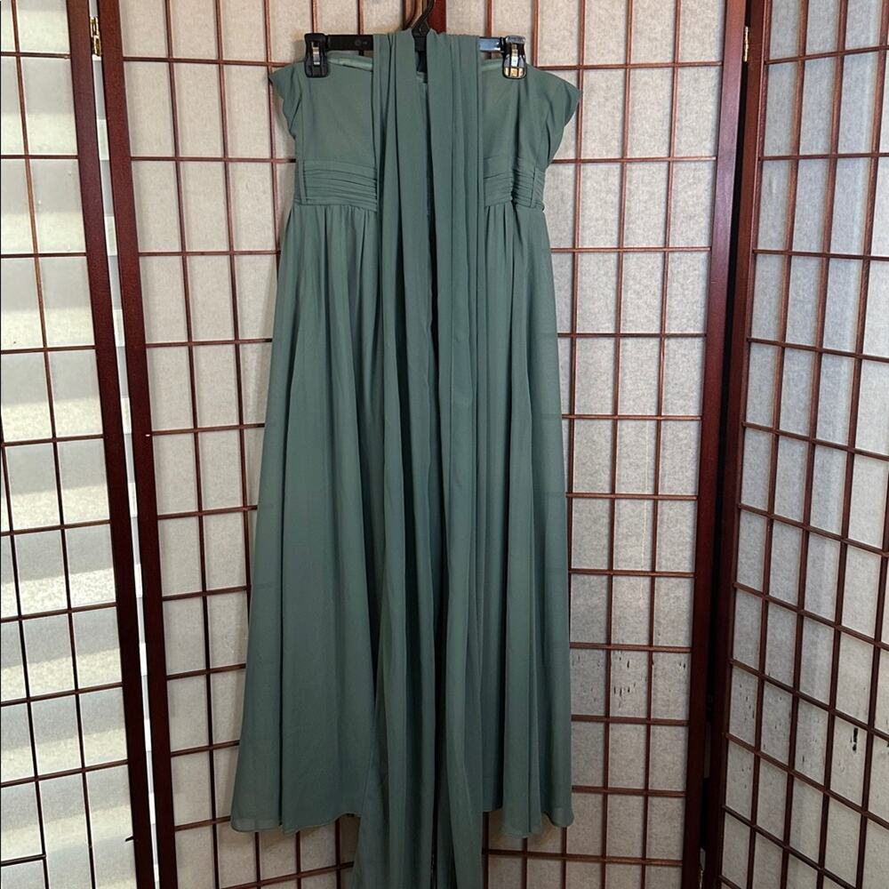 Birds Grey Elegant Strapless Green Dress with Shawl size large - Picture 8 of 9